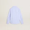 Camisas para niños de algodón a rayas azul claro y blancas con logotipo bordado