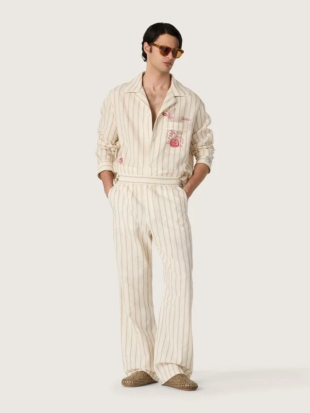Pantalones de chándal unisex de algodón y lino a rayas en tonos crudo y arena