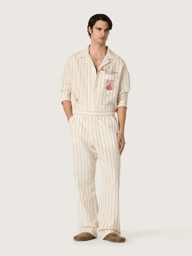 Pantalones de chándal unisex de algodón y lino a rayas en tonos crudo y arena