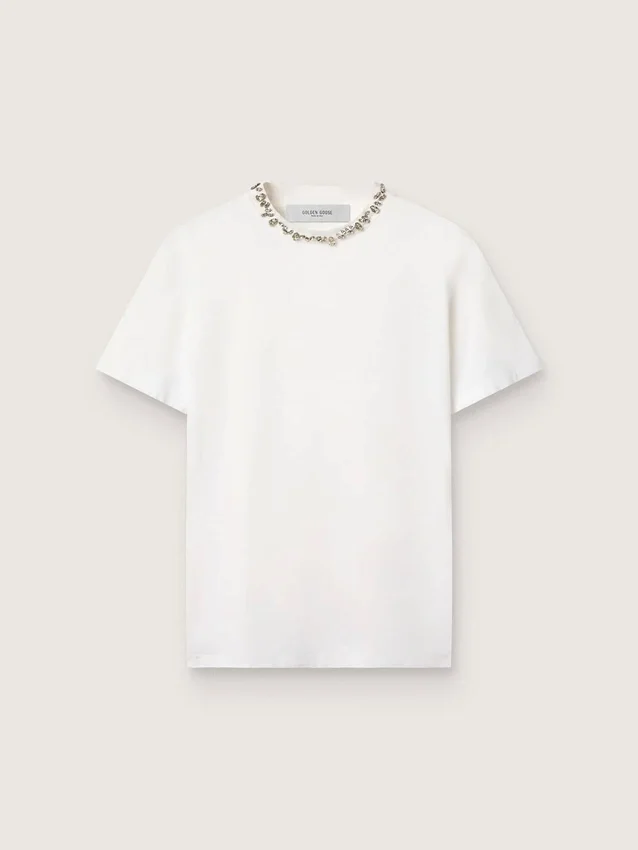 Camiseta blanca de mujer con cristales cabujón