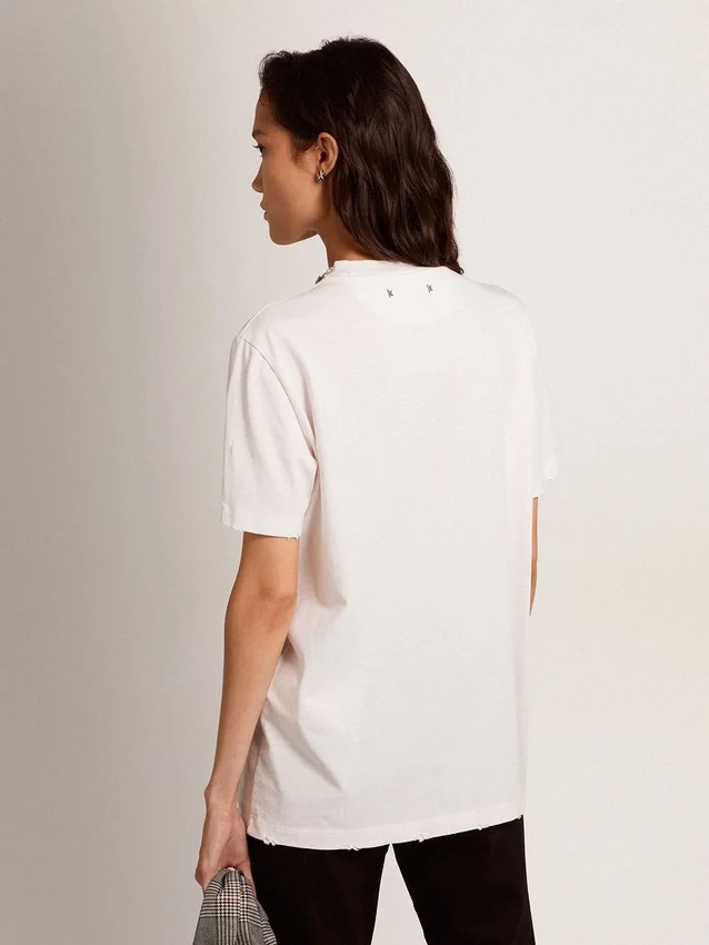 Camiseta blanca de mujer con cristales cabujón