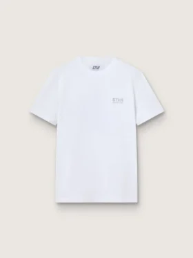 Camiseta blanca de mujer con logotipo plateado brillante y estrella