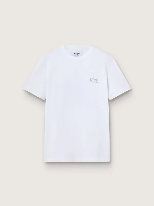 Camiseta blanca de mujer con logotipo plateado brillante y estrella