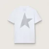Camiseta blanca de mujer con logotipo plateado brillante y estrella