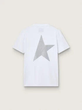 Camiseta blanca de mujer con logotipo plateado brillante y estrella