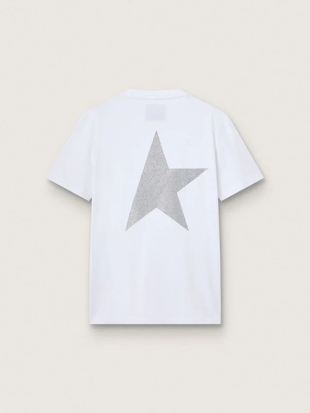 Camiseta blanca de mujer con logotipo plateado brillante y estrella