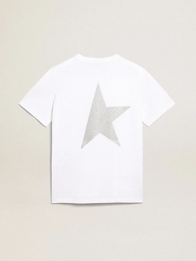 Camiseta blanca de mujer con logotipo plateado brillante y estrella