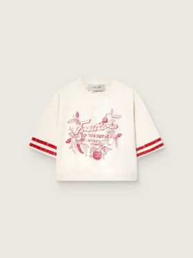 Camiseta corta de mujer de algodón blanco con estampado y bordados