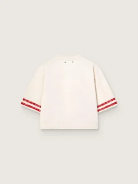 Camiseta corta de mujer de algodón blanco con estampado y bordados