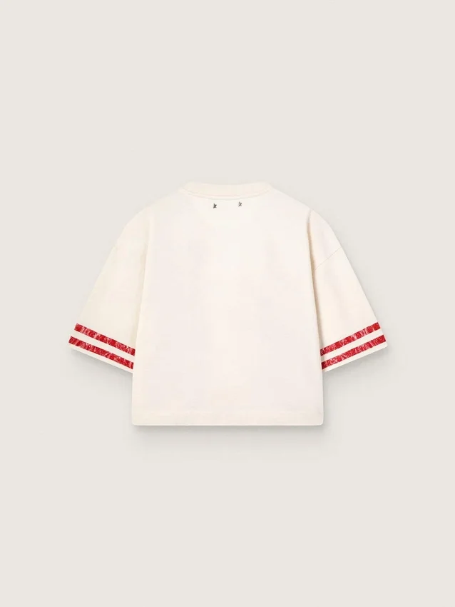 Camiseta corta de mujer de algodón blanco con estampado y bordados