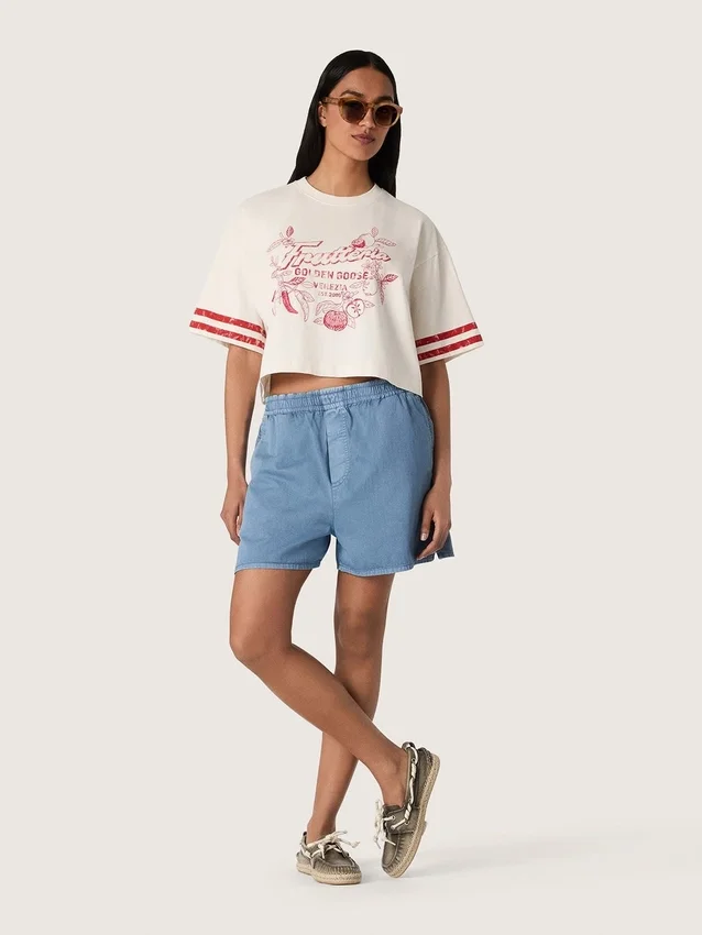 Camiseta corta de mujer de algodón blanco con estampado y bordados