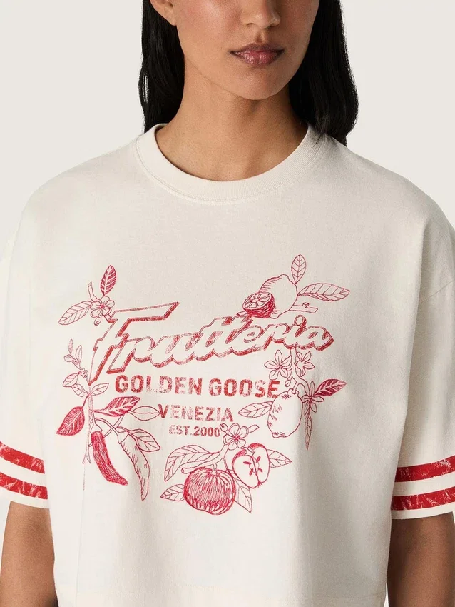 Camiseta corta de mujer de algodón blanco con estampado y bordados