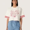 Camiseta corta de mujer de algodón blanco con estampado y bordados