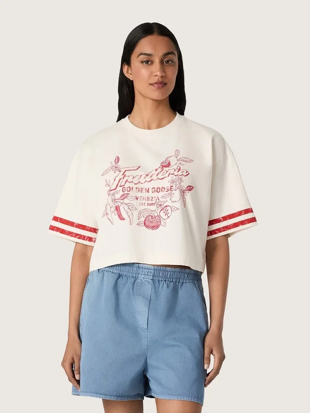 Camiseta corta de mujer de algodón blanco con estampado y bordados