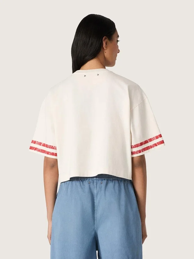 Camiseta corta de mujer de algodón blanco con estampado y bordados