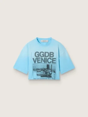 Camiseta corta de mujer en jersey de algodón azul claro con estampado gráfico