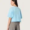 Camiseta corta de mujer en jersey de algodón azul claro con estampado gráfico