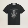 Camiseta de algodón para hombre en negro desgastado con estampado en la parte delantera