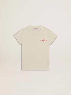 Camiseta de algodón para niñas en blanco desgastado con bordado rojo en el pecho