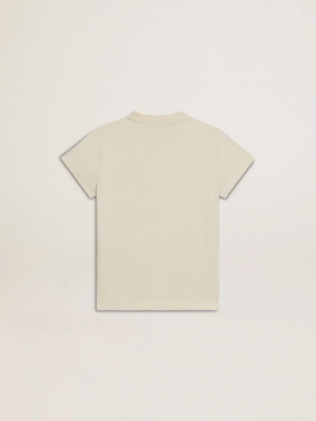 Camiseta de algodón para niñas en blanco desgastado con bordado rojo en el pecho