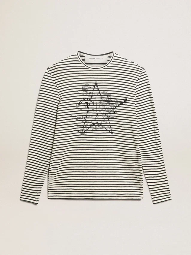 Camiseta de hombre con rayas blancas y azules y bordado en la parte delantera