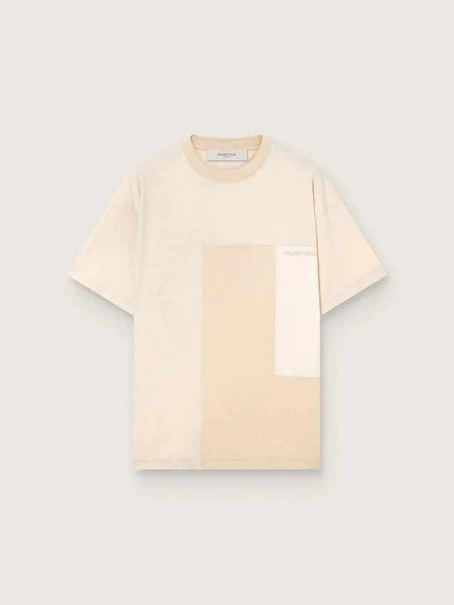 Camiseta de hombre de jersey de algodón con efecto patchwork en blanco y beige