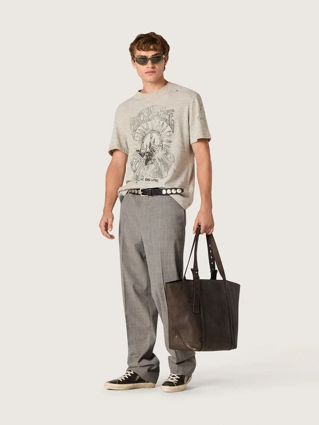 Camiseta de hombre de jersey gris jaspeado con estampado vintage