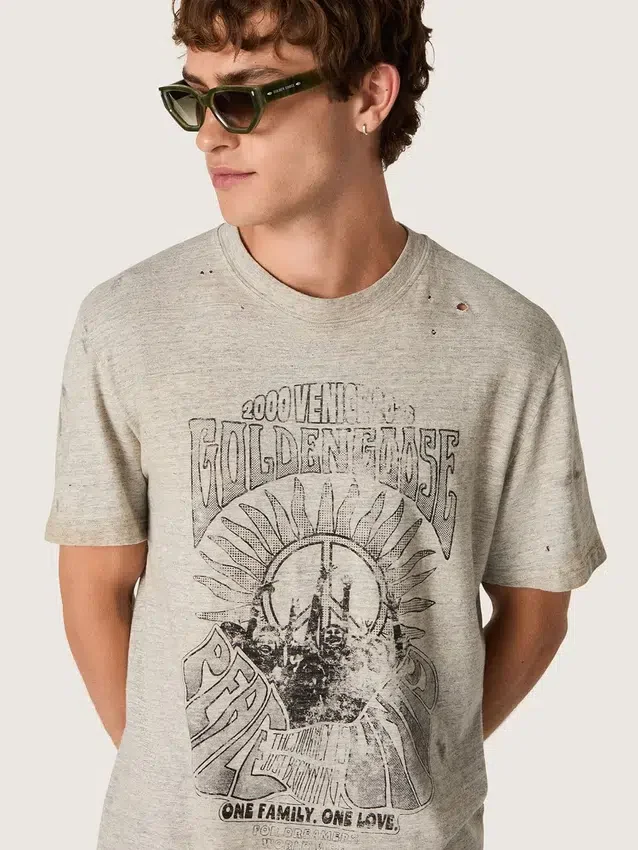 Camiseta de hombre de jersey gris jaspeado con estampado vintage