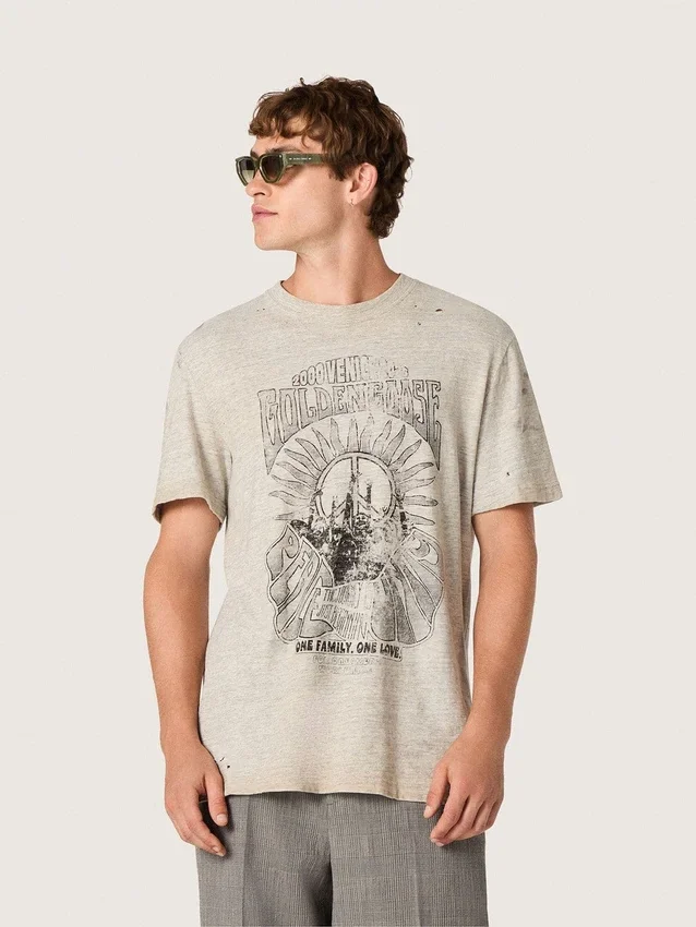 Camiseta de hombre de jersey gris jaspeado con estampado vintage