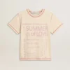 Camiseta de mujer color crema con detalles en rojo descolorido