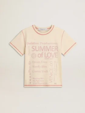Camiseta de mujer color crema con detalles en rojo descolorido