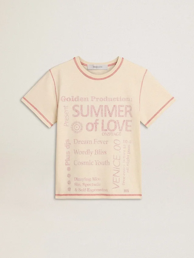 Camiseta de mujer color crema con detalles en rojo descolorido