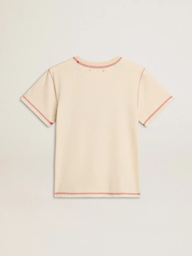 Camiseta de mujer color crema con detalles en rojo descolorido