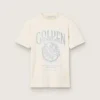 Camiseta de mujer de algodón blanco envejecido con estampado vintage