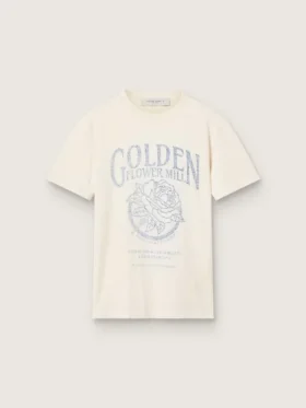 Camiseta de mujer de algodón blanco envejecido con estampado vintage