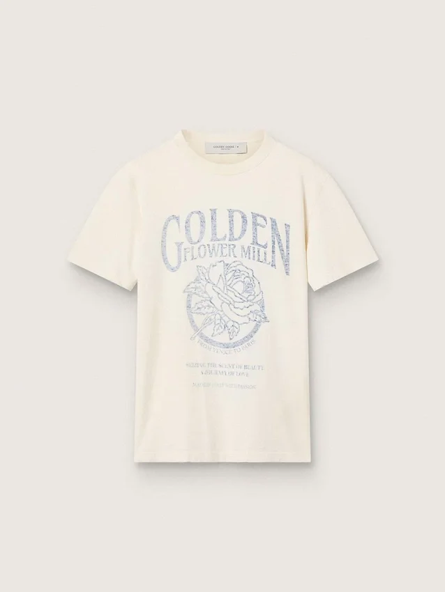 Camiseta de mujer de algodón blanco envejecido con estampado vintage