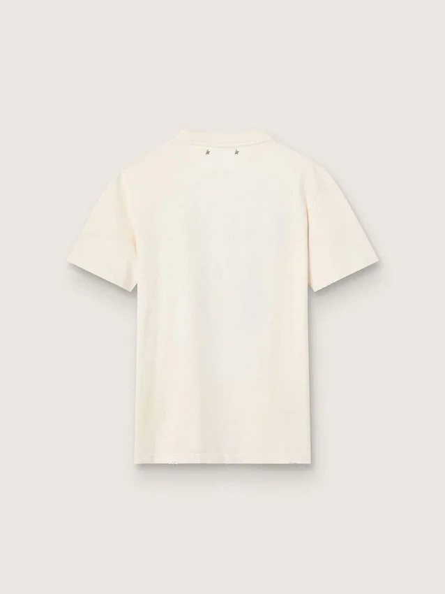 Camiseta de mujer de algodón blanco envejecido con estampado vintage