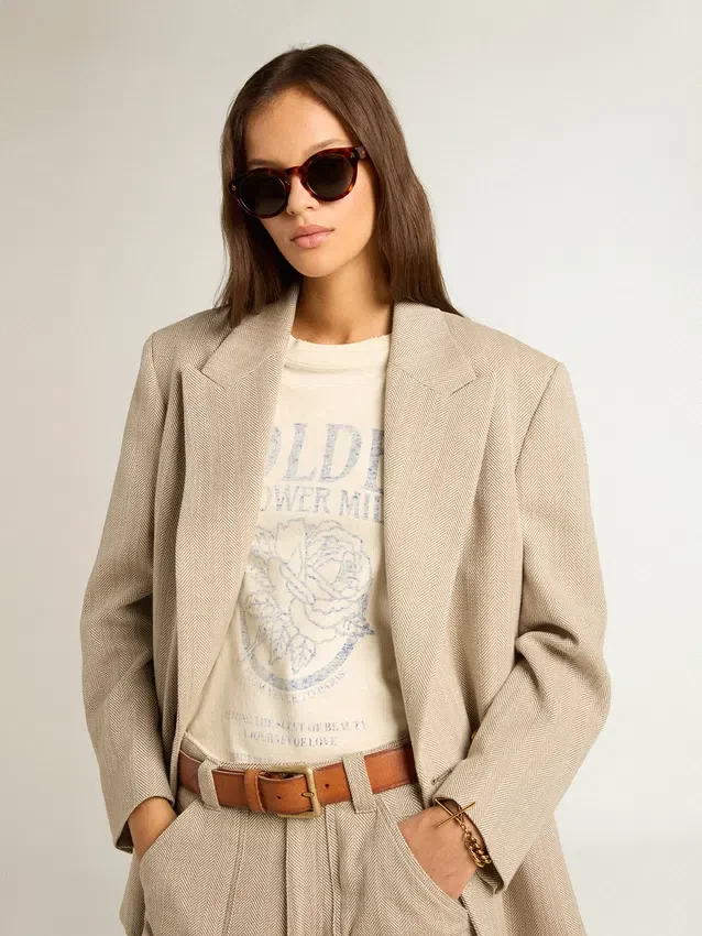 Camiseta de mujer de algodón blanco envejecido con estampado vintage