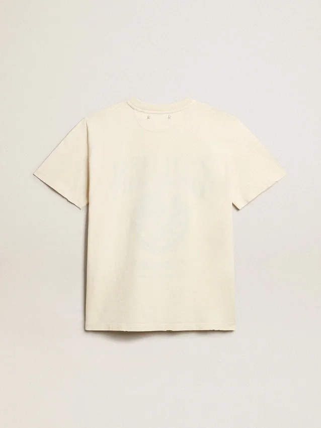 Camiseta de mujer de algodón blanco envejecido con estampado vintage
