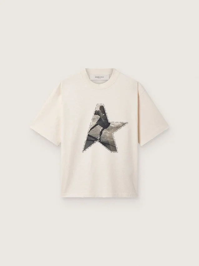 Camiseta de mujer de jersey de algodón blanco con estampado de estrellas