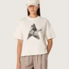 Camiseta de mujer de jersey de algodón blanco con estampado de estrellas