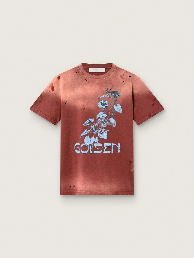 Camiseta de mujer de jersey de algodón color óxido con estampado floral