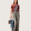 Camiseta de mujer de jersey de algodón color óxido con estampado floral
