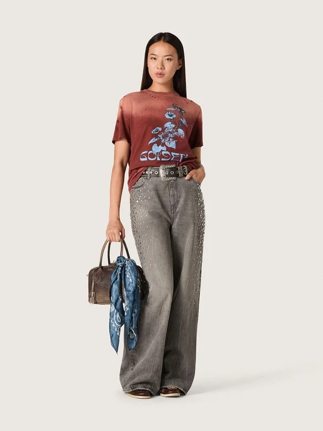 Camiseta de mujer de jersey de algodón color óxido con estampado floral
