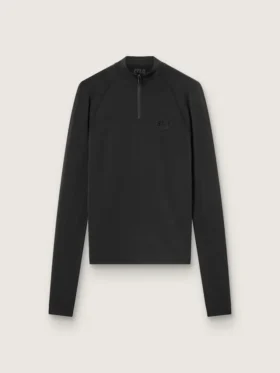 Camiseta deportiva de manga larga negra para mujer con cremallera