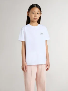 Camiseta infantil de algodón blanco con estampado plateado