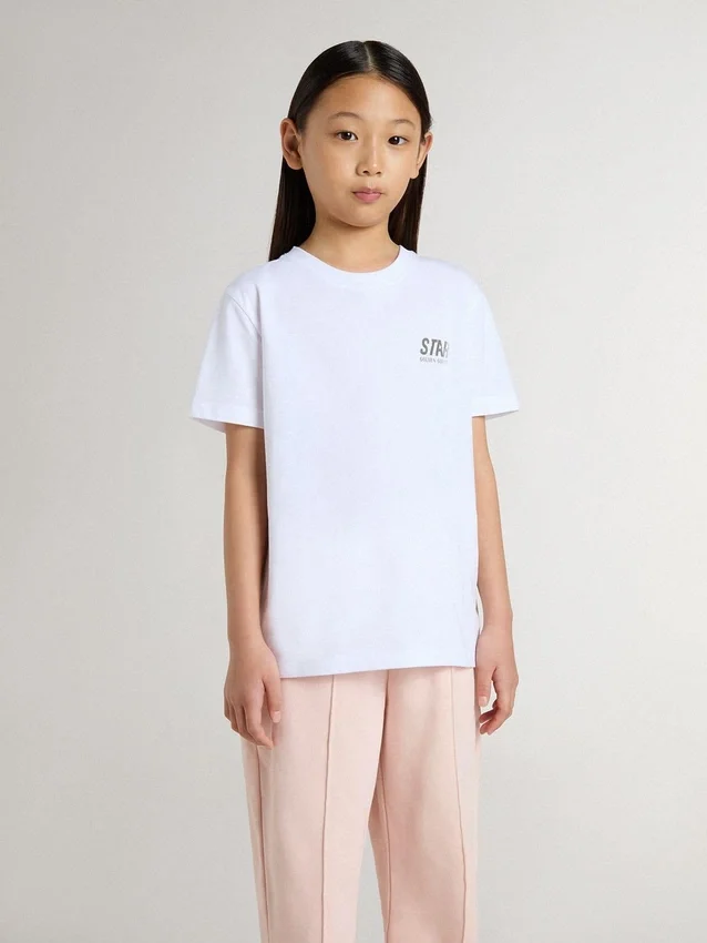 Camiseta infantil de algodón blanco con estampado plateado