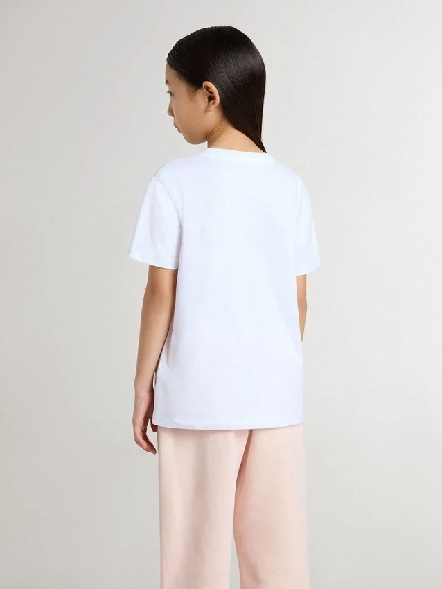 Camiseta infantil de algodón blanco con estampado plateado