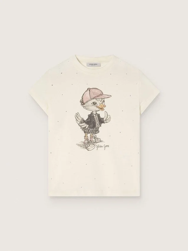 Camiseta «Journey» para niñas en jersey de algodón blanco con estampado digital de la mascota y apliques de cristales