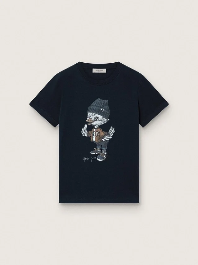 Camiseta «Journey» para niños en jersey de algodón azul con estampado digital de la mascota